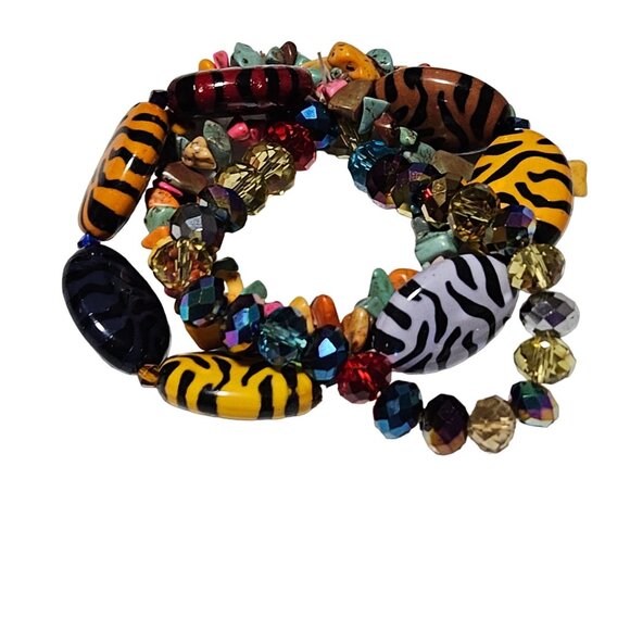 Safari Animal Print Stones Multicolor Gemstones Chunky Beaded Stretch Bracelet - Picture 2 of 6
